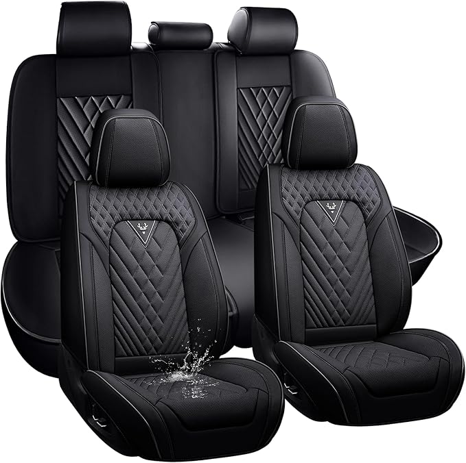 Car Seat Cover Full Set, Waterproof Leather Seat Cover,Front and Rear Auto Seat Cover, Breathable Car Seat Cushion, Full Coverage Car Seat Protector Universal Fit Most Cars (5 Seat,Black)