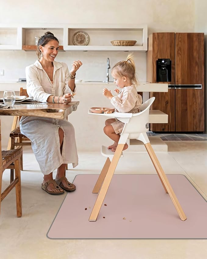 Blissful Diary Baby Splat Mat for Under High Chair, 50.4 x 50.4 Inch Wipeable Splash Mat, Waterproof and Washable, Anti-Slip Floor Protector, Blush Pink