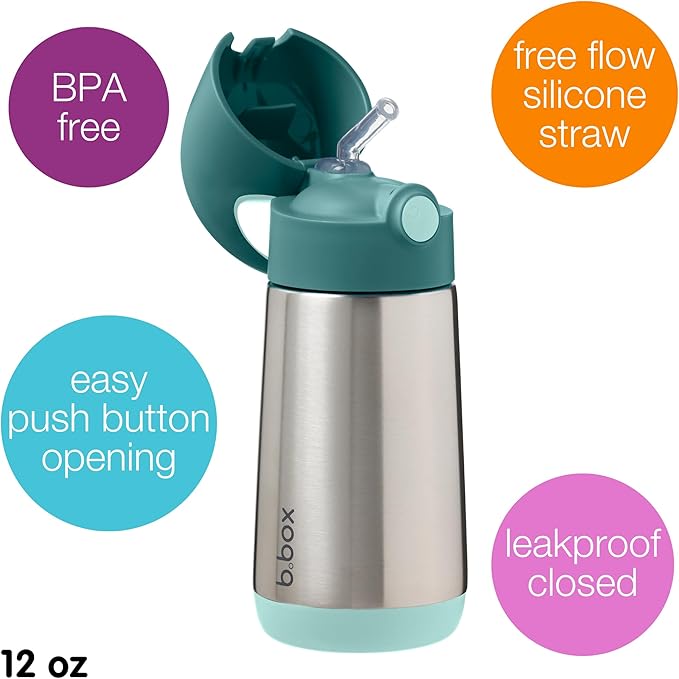 b.box 12 oz Insulated Water Bottle - Keeps Drinks Cold 8 Hours, Warm 6 Hours, Triple Wall Stainless Steel Kids Water Bottle w/Free Flow Silicone Straw, Leakproof & Dishwasher Safe