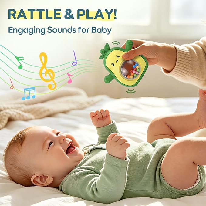 Avocado Baby Teething Toys 3-6 6-12 Months, Baby Teething Mitten with Rattle, Newborn Silicone Teether Chew Toys for Infants 3 6 9 12 18 Months, Baby Shower Gifts for Boys Girls