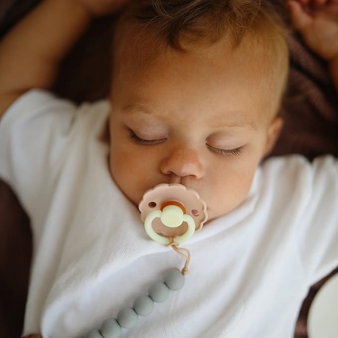 FRIGG Daisy Night Natural Rubber Baby Pacifier | Made in Denmark | BPA-Free (Portobello/Croissant, 6-18 Months) 2-Pack