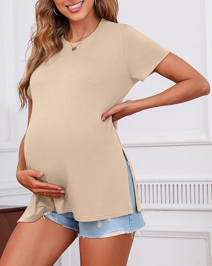 Ficerd 3 Pack Women's Maternity T Shirts, Short Sleeve Side Split Pregnancy Tops Casual Crew Neck Pregnant Tees Mama Clothes