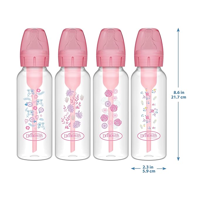Dr. Brown's Natural Flow Anti-Colic Options+ Narrow Baby Bottle, Pink Floral, 8 oz/250 mL, with Level 1 Slow Flow Nipples, 0m+, 4 Pack