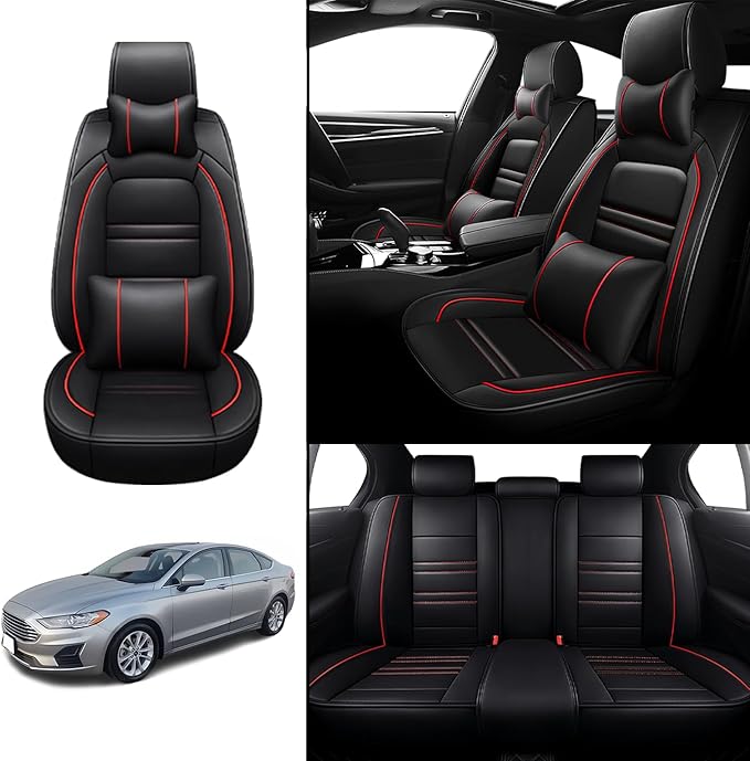 Car Seat Covers for Ford Fusion 2006-2020 | 5-Seats Seat Covers, Waterproof Seat Protectors, Automotive Seat Covers (Full Set with Pillow,Black&Red Line)