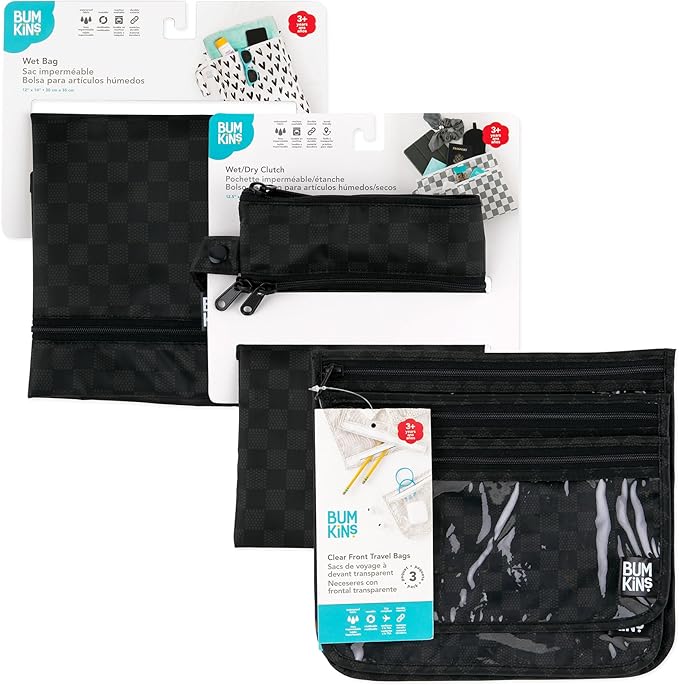 Bumkins - Waterproof Wet Bag, Wet/Dry Clutch & Clear Travel Bags - For Beach, Baby, Travel, Cloth Diapers, Pump Parts, Pool, Gym, Toiletries - Reusable & Easy to Clean - Black Check - 5 Pack