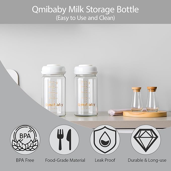 Natural Glass Baby Bottle 150ml 5oz Standard Neck Breast Milk Storage Bottles Compatible with Medela Breast Pumps for Breastmilk Storage Bottle Breastfeeding BPA-Free 4 Pack (Grey Lids)