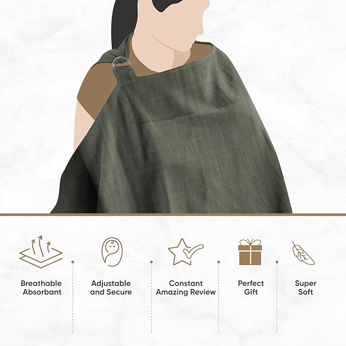 MOZAH 100% Organic Cotton Muslin Nursing Cover for Baby Breastfeeding, Breathable 100% Cotton Breastfeeding Cover with Rigid Hoop for Mother Nursing Apron, Multi-use Carseat Canopy (Roman Green)