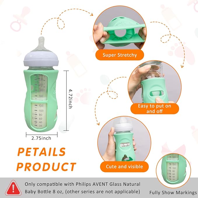 Silicone Sleeves for Avent Glass Natural Baby Bottle,3 Pack Bottles Shatter Proof Bottle Covers,Anti Flow Holder Compatible Baby Bottle 8 oz,BPA Free (Grey+Blue+Green)