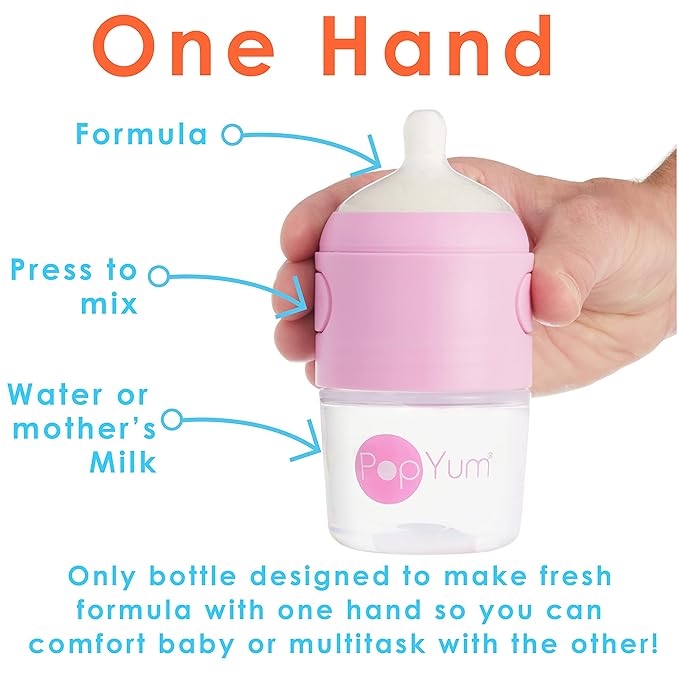PopYum 5 oz Pink Anti-Colic Formula Making/Mixing/Dispenser Baby Bottles, 3-Pack with #1 Slow Flow Nipples, 150 ml, BPA-Free, Natural Latch