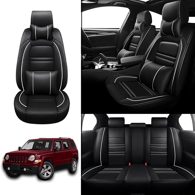Car Seat Covers for JP Patriot 2009-2017 | 5-Seats Seat Covers, Waterproof Seat Protectors, Automotive Seat Covers (Full Set with Pillow,Black&White Line)