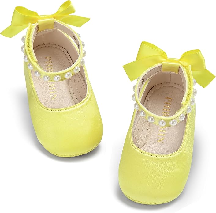 Baby Girls Mary Jane Flats - Infant Newborn Walking Shoes Soft Rubber Sole Princess Wedding