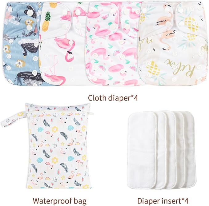 HappyFlute 9 Sets Newborn Baby Cloth Pocket Diapers Adjustable Reusable for Baby Boys and Girls(6-33 pounds,0-3 Years),One Wet Bag+4Diapers and 4Inserts (AD08)