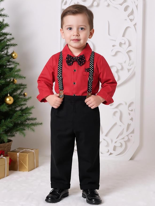 Boarnseorl Baby Boys Pants Sets,Toddler Gentleman Outfits, Infant Long Sleeve Shirt + Pants + Bow Tie + Suspenders
