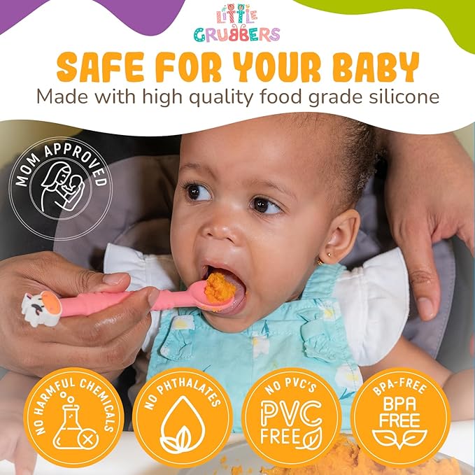 3-in-1 Silicone Baby Spoon Self Feeding 6+ Months - Pediatric OT Designed Teether Spoon, BPA Free Toddler Utensils, Mess-Free, Fun for Baby Led Weaning Supplies, Dog & Tiger