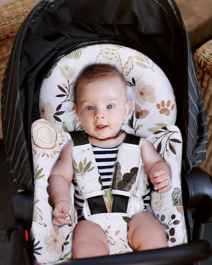 Infant Insert, Enlarged Head Support for Baby, Reversible Newborn Insert with 3 Strap Covers, 2-in-1 Baby Cushion for Stroller, Swing, Bouncer, Rocker - Yellow Cat