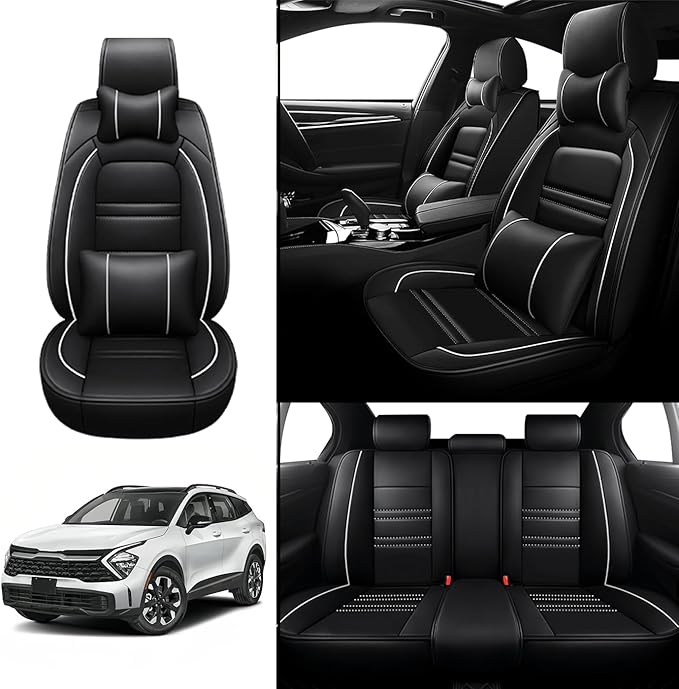 Car Seat Covers for kia sportage 2005-2025 | 5-Seats Seat Covers, Waterproof Seat Protectors, Automotive Seat Covers (Full Set with Pillow,Black&White Line)