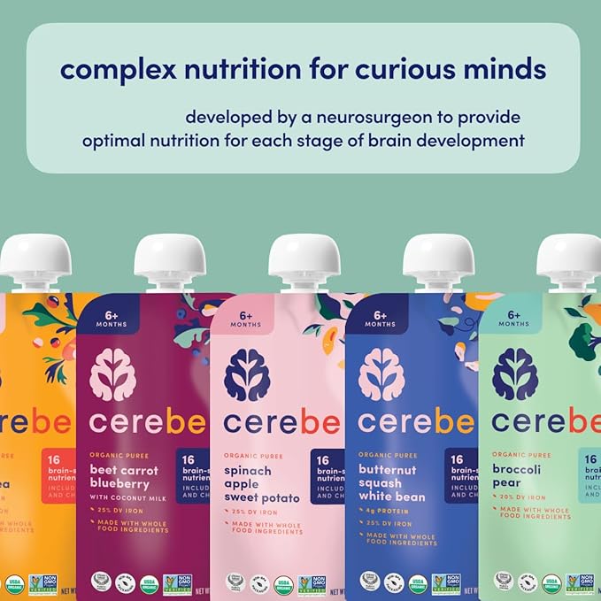 Cerebelly Organic Baby Food Pouches, Broccoli Pear Purees, 16 Nutrients, No Added Sugar, Fiber & Non-GMO, 4oz, 6 Pack