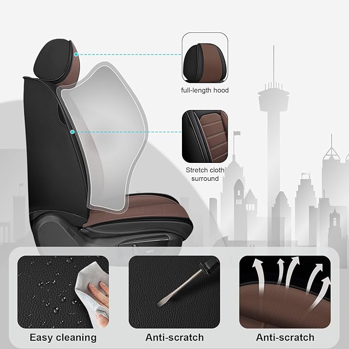 JOJ Car Seat Cover Fit for Toyota Highlander 2001-2025,7 Seat Car Seat Cover,No-Slip Waterproof Breathable Faux Leather,Full Set with Pillow Steering Wheel Covers,Black Coffee