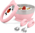 MR. CHOU Baby Suction Bowl Set with Spoon & Fork, Double-Layer 18/8 Stainless Steel Toddler Bowls with BPA Free Airtight Lid, Food Grade Infant Self-Feeding Bowl, First Stage Led Weaning Supplies Pink
