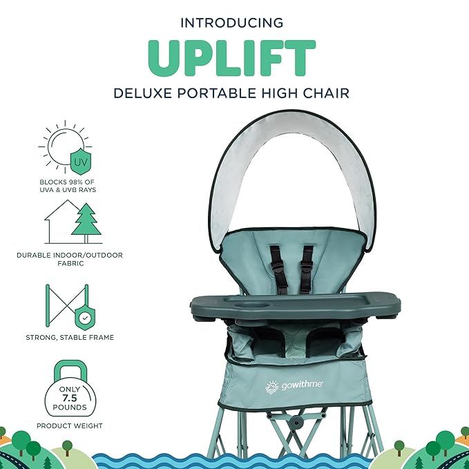 Baby Delight Go with Me Uplift Deluxe Portable High Chair | Travel High Chair | Sun Canopy | Indoor and Outdoor | Green Garden