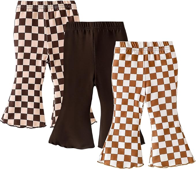 SOBOWO Checkered Baby Girl Flare Pants 3 Pack Toddler Bell Bottoms Plaid Ruffle Leggings Pants Fall Winter Outfits Size 6M-4T
