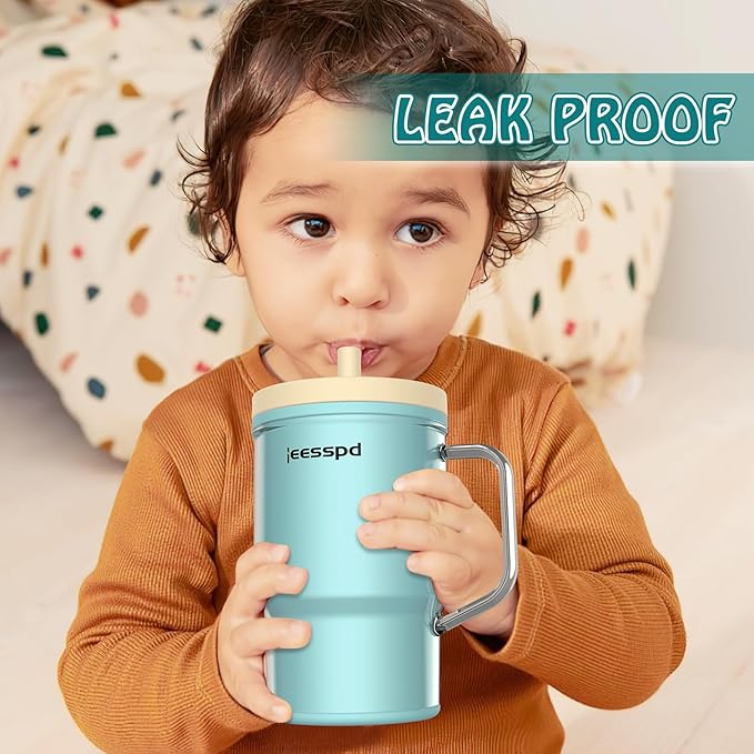 Toddler Cups – 9 oz Adorable Miniature Tumbler with Leak-Resistant Straw and Toddler-Friendly Handle, Encourages Hydration, Easy to Clean, Sippy cups for Toddlers 1-3，BPA Free silicone (Teal)
