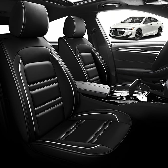 Seat Cover for Chevy Malibu 2004-2025 | Car Seat Covers Front Seats, Waterproof Seat Protectors, Automotive Front Seat Covers (Front Seat, Black&White Line)