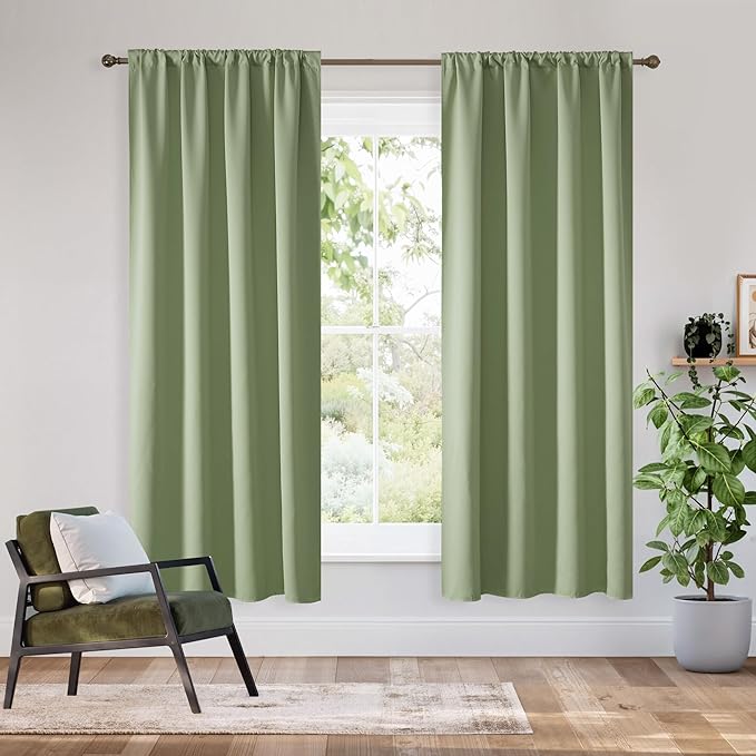 RYB HOME Bedroom Blackout Curtains 63 inches Long, 100% Blackout Thermal Insulated Noise Reducing Curtains for Living Room Nursury, 42 inches Wide by 63 inches Long, Sage Green