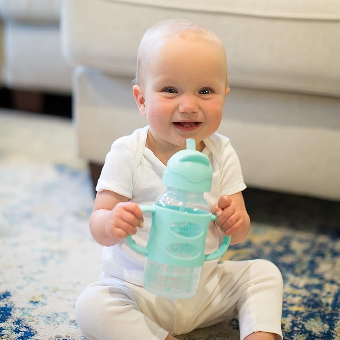 Dr. Brown's Milestones Wide-Neck Sippy Straw Bottle with 100% Silicone Handles and Weighted Straw, 9 oz/270 mL, Gray & Green, 6m+ (Pack of 6)