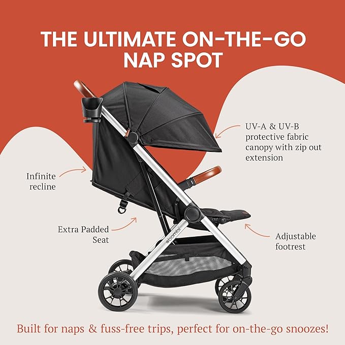 Bombi Bēbee V2 Lightweight Baby Stroller - Premium Vegan Leather, One-Hand Fold, Infinite Recline, Aircraft-Grade Aluminum Frame, XXL Canopy, and Ample Storage Umbrella Stroller - Storm Blue