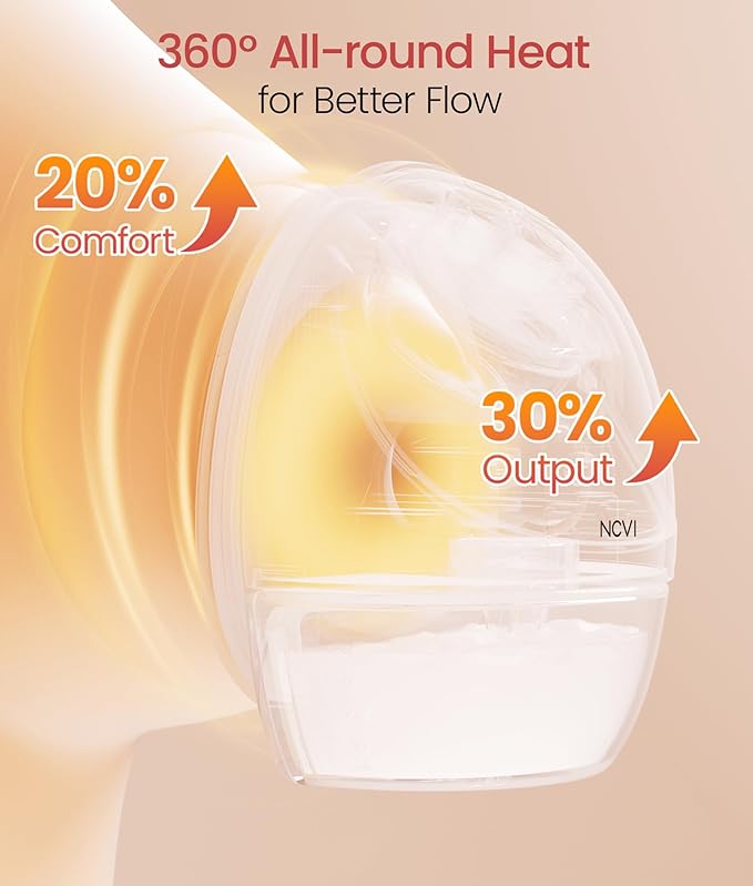 NCVI Heated Breast Pump Hands Free, Wearable 360° Surround Heating, 300mmHg Hospital-Grade Suction, 2000mAh Long Battery, 4 Modes & 9 Levels, Leakproof Design, Slim & Quiet, 19–28mm Flanges, 1 Pack