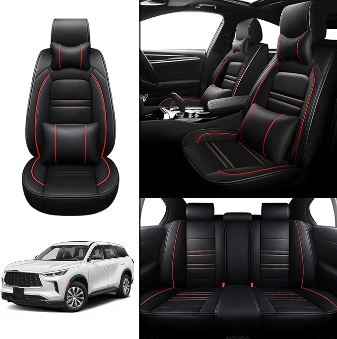 Car Seat Covers for Infiniti qx60 2014-2025 | 5-Seats Seat Covers, Waterproof Seat Protectors, Automotive Seat Covers (Full Set with Pillow,Black&Red Line)