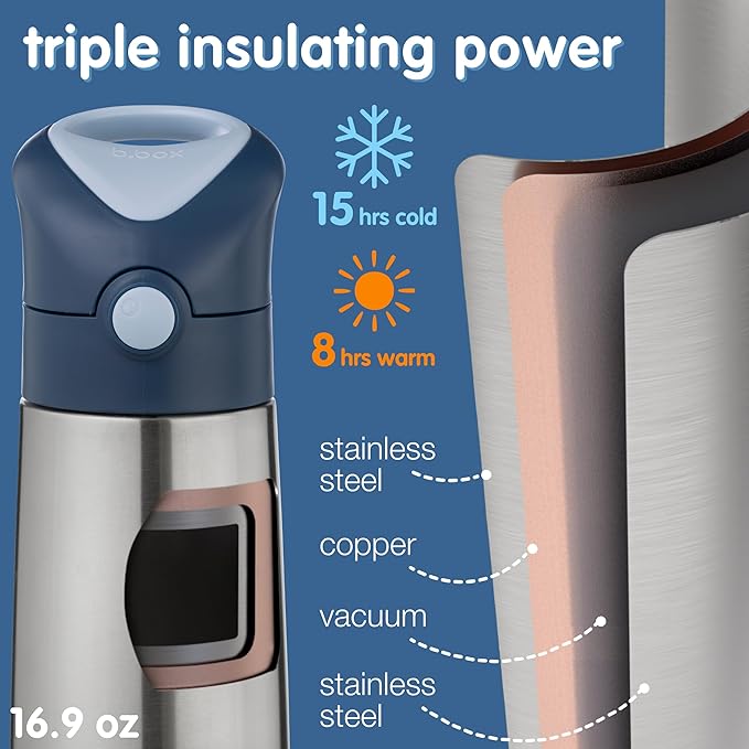 b.box 16.9 oz Insulated Water Bottle - Keeps Drinks Cold 15 Hours, Warm 8 Hours, Triple Wall Stainless Steel Kids Water Bottle w/Free Flow Silicone Straw, Leakproof & Dishwasher Safe