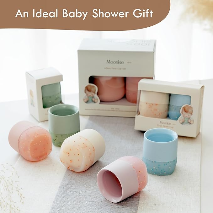 Moonkie Silicone Baby Cup 4 Months+ | Tiny Open Training Cup for Infants with Confetti Sprinkles | Baby-Led Weaning Essential | 2 oz (Ether, 1 Pack)