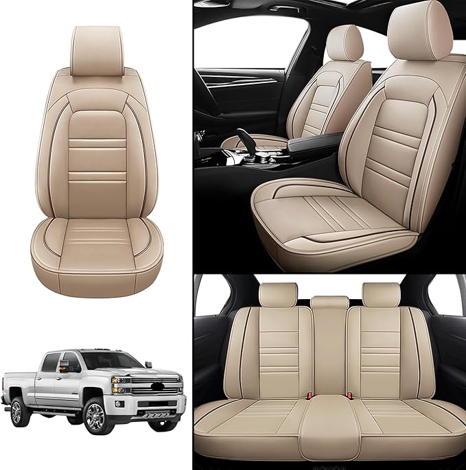 Seat Covers for Chevy Silverado 2007-2025 | 5-Seats Leather Seat Covers, Easy to Install Automotive Seat Covers Full Set (Full Set, Beige)