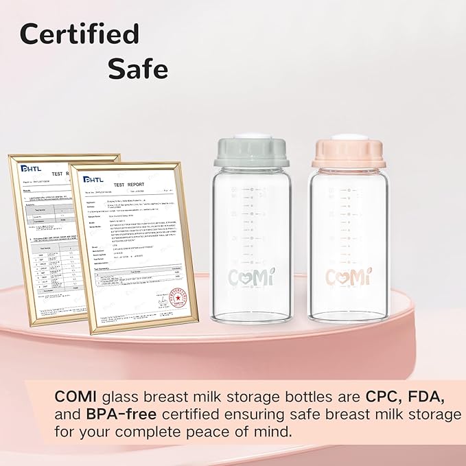 COMI Natural Glass Baby Bottle,Standard Neck Breastmilk Storage Bottle for Fridge,Breast Milk Container,Breast Pump Bottle Compatible with Medela Breast Pump,BPA Free,4PCS(5oz,4 Pink Lids)