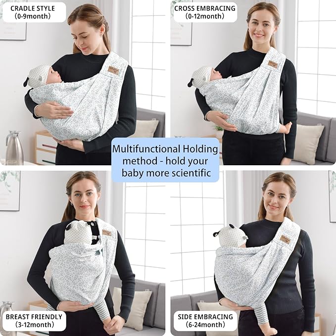 Baby Sling Carrier Newborn, Adjustable Easy Wearing Baby Nursing Warp Sling, New Mom Dad Soft Cotton Baby Front Holder Carrier for Infant Toddler Life Travel Essential Gifts (Blue Flower)