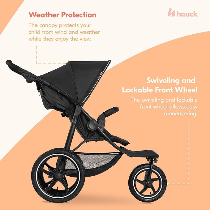 hauck 3-Wheel All Terrain Stroller with Raincover, XL Pneumatic Air Wheels, Mesh Window, and Height-Adjustable Handle, UPF 50+ - from Birth up to 48.5lbs