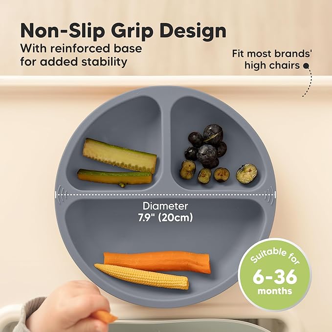 KeaBabies Suction Plates for Baby, Toddler - 3-Pack 100% Silicone Toddler Plates with Suction, Divided, BPA-Free Baby Led Weaning Essentials for Kids, Dishwasher, Microwave Safe, Durable (Slate)