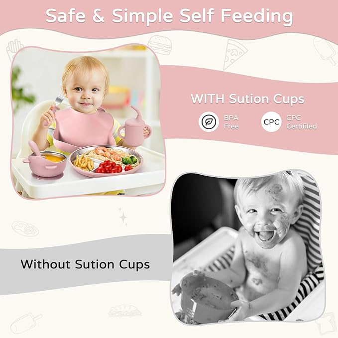 Toddler Plates and Bowls Set Stainless Steel - Bathchef Baby Feeding Set Strong Suction, BPA Free Durable Divided Plates, Safe Self Baby Feeding Utensils,Cup,Spoon,Fork,Dishwasher Safe,6pcs,Pink