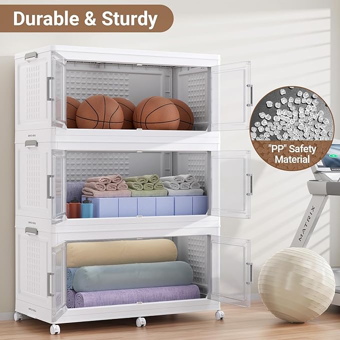 BROVIEW 600Qt Plastic Storage Bins with Lid and Wheels, 3Pack Extra Large Stackable Storage Bins with Dividers,Closet Organizers and Storage Cabinet Collapsible Box Shelves for Home Kitchen,White