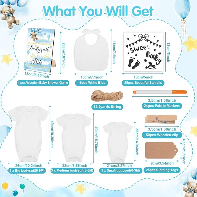 151 Pcs Baby Shower Game Decorations Kit with Bibs, Bodysuits, Wooden Sign & Fabric Markers (BlueBear)
