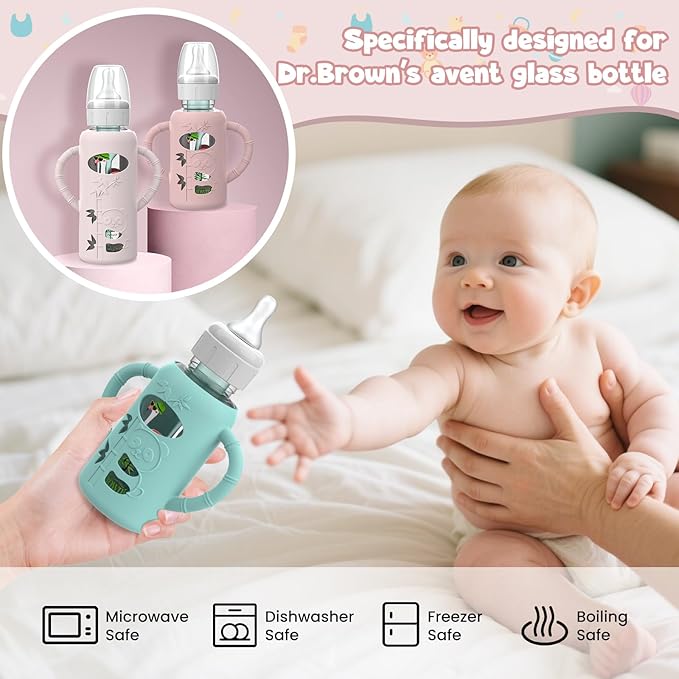 3 PCS Dr Brown Glass Bottles Silicone Sleeves, Compatible with Dr Browns Glass Bottles 8 oz, Anti-Drop Dr Brown Baby Bottles Sleeves with Handles, Heat-Insulating and Easy to Clean