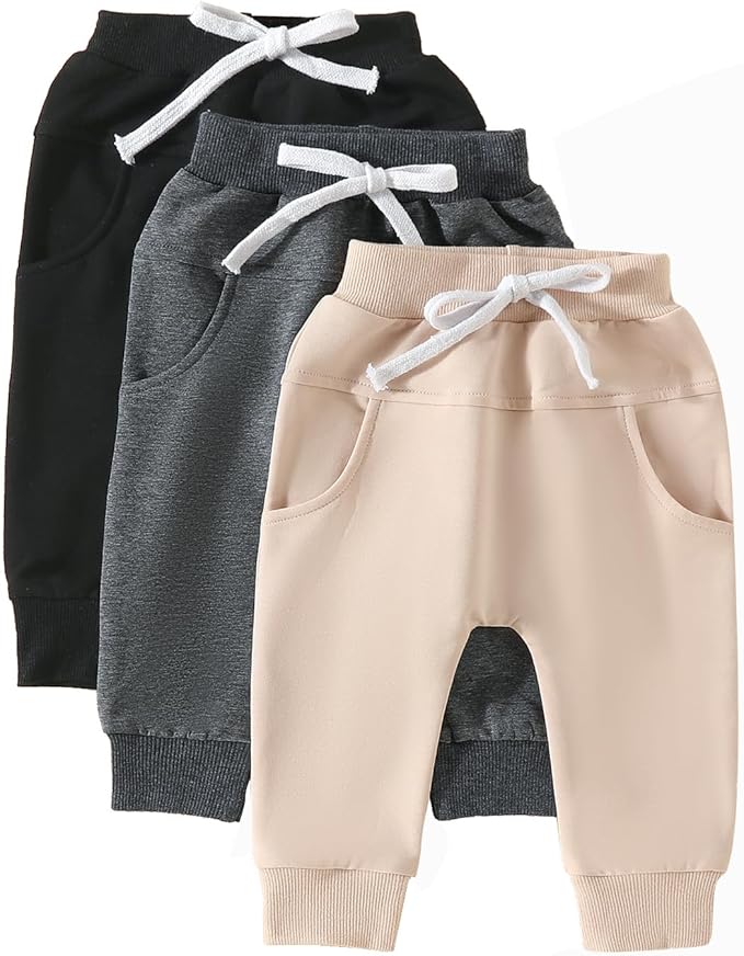 Sejardin Toddler Baby Boy Girl Pants 3 Pack Solid Color Elastic Waist Jogger Sweatpants Newborn Infant Casual Bottoms