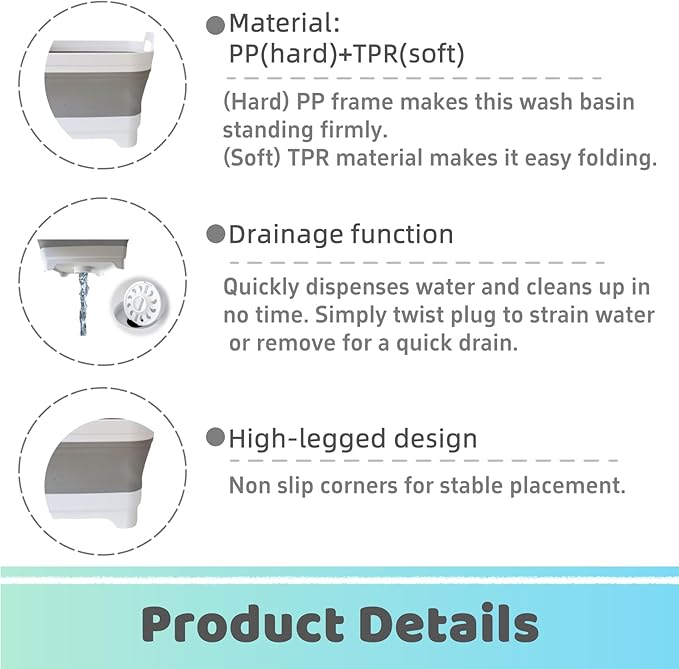 Collapsible Wash Basin for Baby Bottles - 2.4 Gallons Portable Wash Bin for RV Camping Sink, Space-Saving Dish Tub (Gray)
