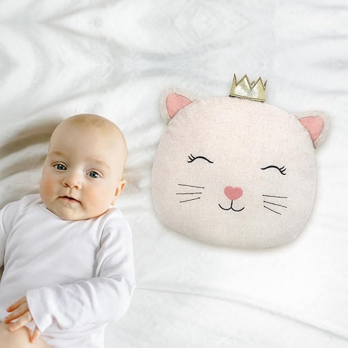 MON AMI Linen Kitty Accent Décor Pillow - 12”x 11”, Plush Cat Cuddle Cushion,Decorative Throw Pillow for Child’s Nursery,Bed or Couch, Cute Room Décor