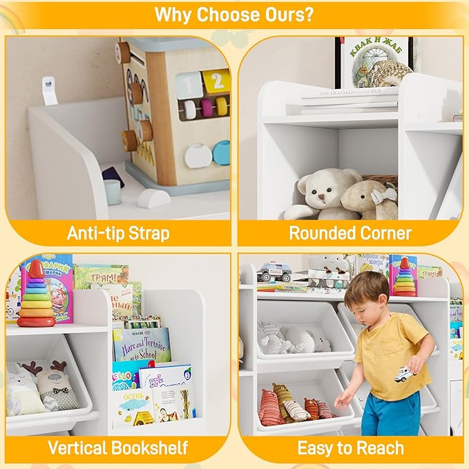 Vabches 55" Large Kids Toy Organizer with 8 Toy Storage Tubs, Storage Boxes and Storage Racks, Tiered Bookshelf and 7 Storage Cubbies, Kids Bookshelf, Playroom Storage and Storage Boxes(White)