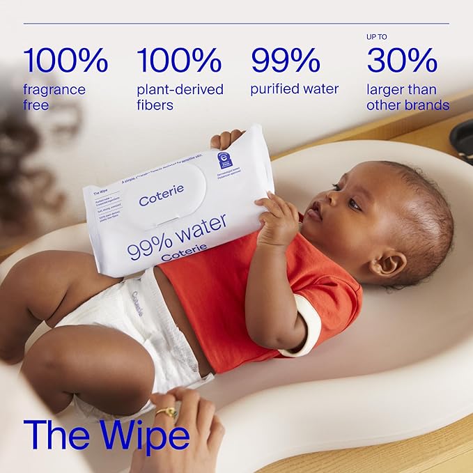 Coterie Baby Wipes + Diapers Kit, Size 1 Diapers (198 Count) & 12 Pack (672 Count) Baby Wipes with 99% Water, Plant Based Materials, Hypoallergenic for Sensitive Skin