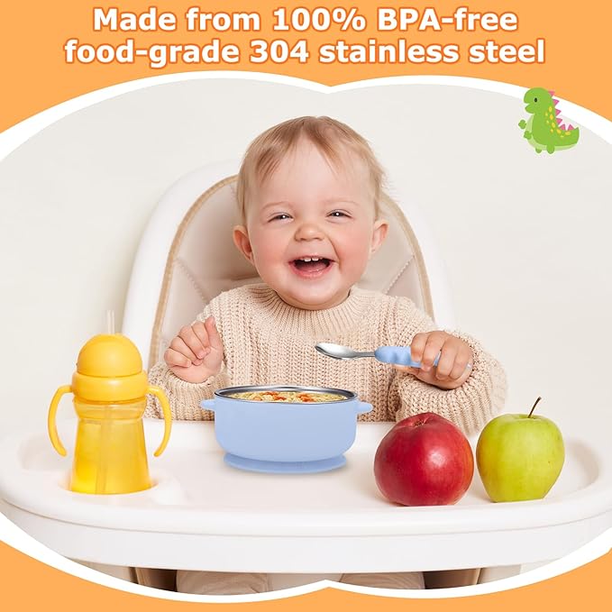2 Pack Stainless Steel Baby Bowls with Removable Non-Slip Silicone Suction Shell and Lids, Anti Scald Food Container for Baby Food Feeding-Skyblue & Yellow