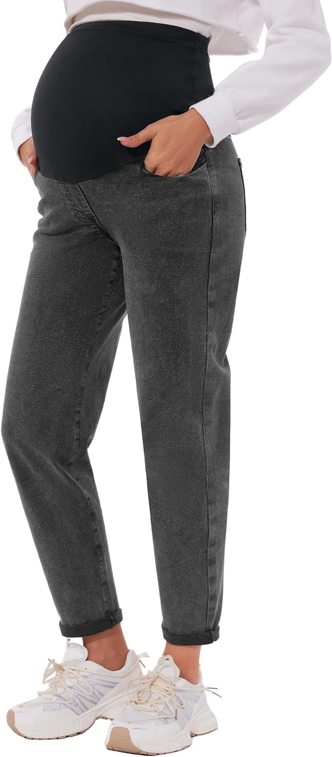 POSHGLAM Women's Maternity Jeans Over Belly Comfy Stretch 28'' Boyfriend Jeans Loose Pregnancy Pants, S-XXL